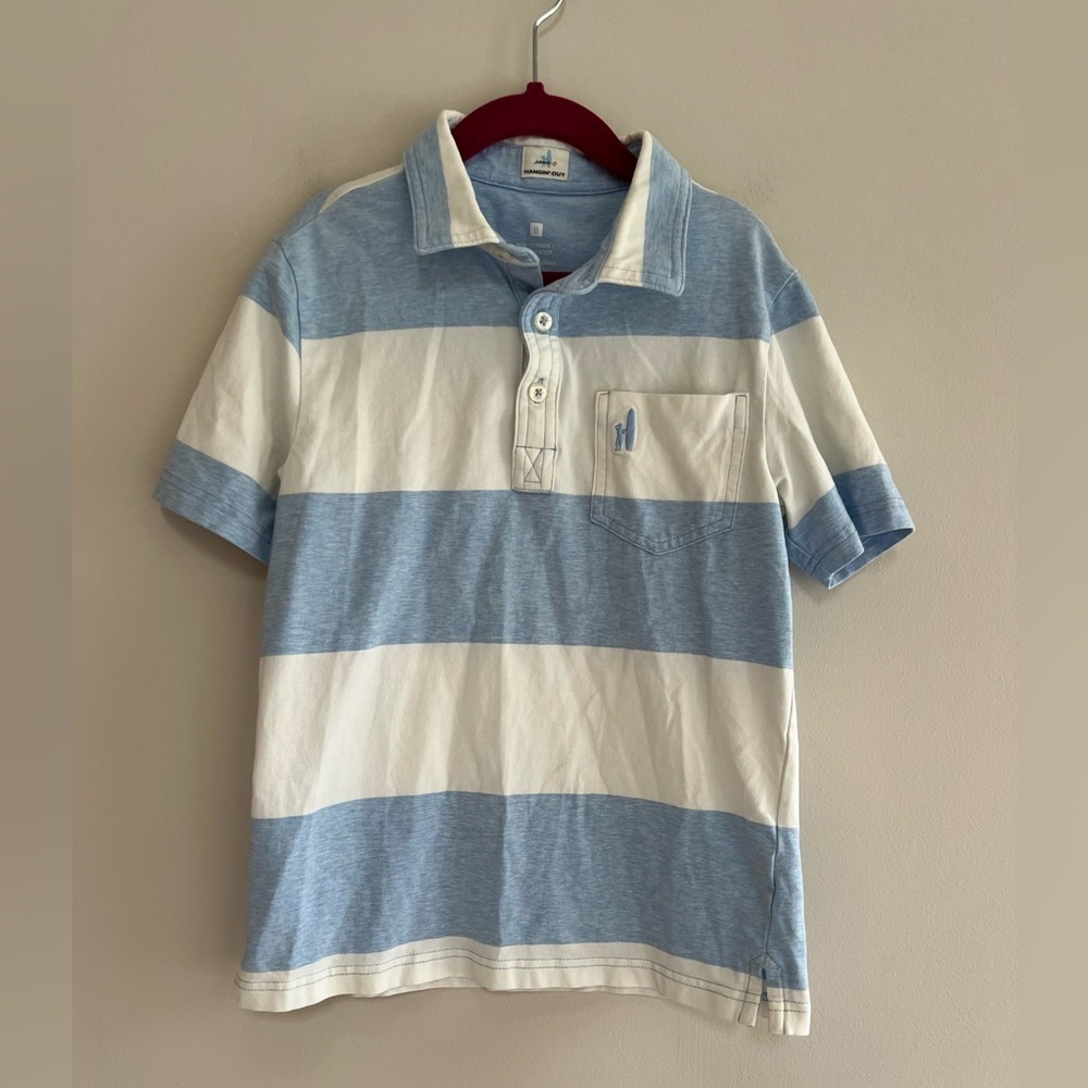 Johnnie-O Kids Youth Hangin’ Out Rugby Stripe Polo in Gulf Blue/White, size 8